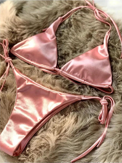 Wrap Around Halter Metallic Satin Bikini Women Swimwear Female Swimsuit Two-pieces Bikini Set Brazilian Bathing Suit Swim Lady