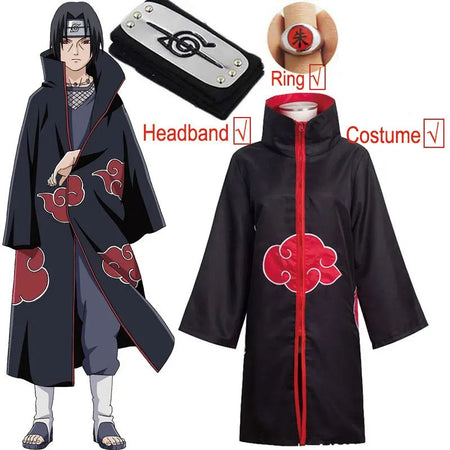 Kakashi Cosplay Costume Akatsuki Cloak Uchiha Itachi Sharingan Headband Necklace Ring Kunai Pain Halloween Costume for Men Kids