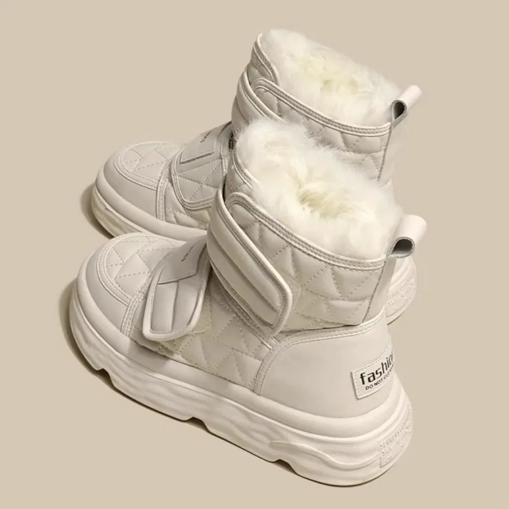 Fur White Boots Women Padded Cotton Shoes Winter Warm Pu Leather Snow Boots Footwear Thick Bottom Plush Short Ankle Boots