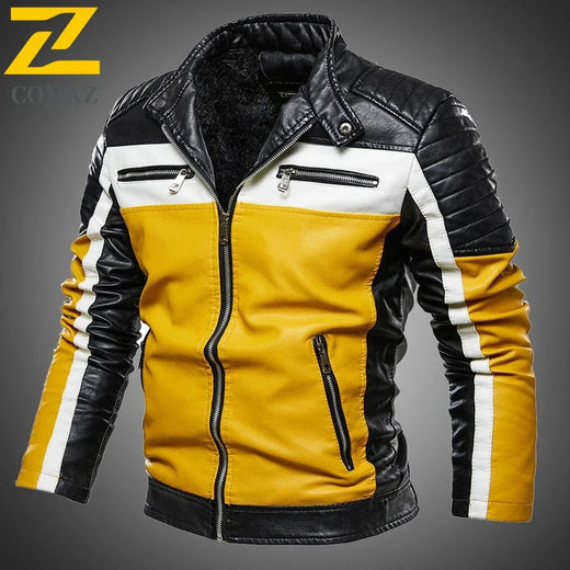 Men Yellow PU Leather Jacket Patchwork Biker Jackets  Casual Zipper Coat Male Motorcycle Jacket Slim Fit Fur Lined Outwear Coat