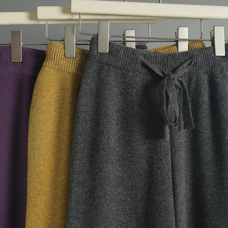 Spring Autumn Women High Waist Wool Wide Leg Pants Solid Soft Warm 100% Merino Wool Knitted Trousers Belt Casual Korean Fashion