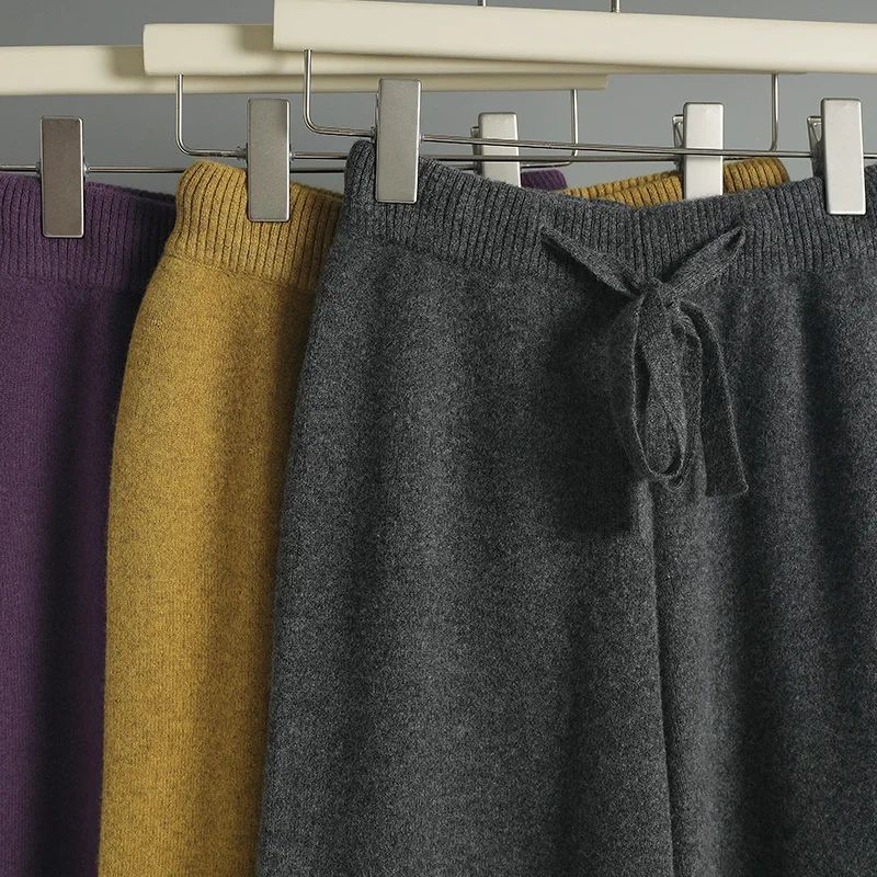 Spring Autumn Women High Waist Wool Wide Leg Pants Solid Soft Warm 100% Merino Wool Knitted Trousers Belt Casual Korean Fashion