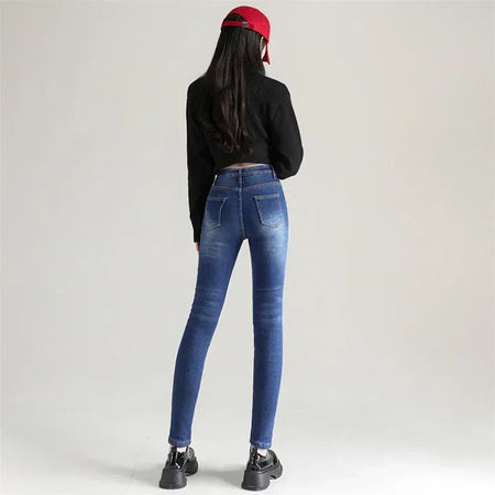 Winter Lady Thermal Plush Jeans Snow Warm Stretch Jeans Hot Sale High Waist Fleece Pants Female Straight Leg Denim Trousers