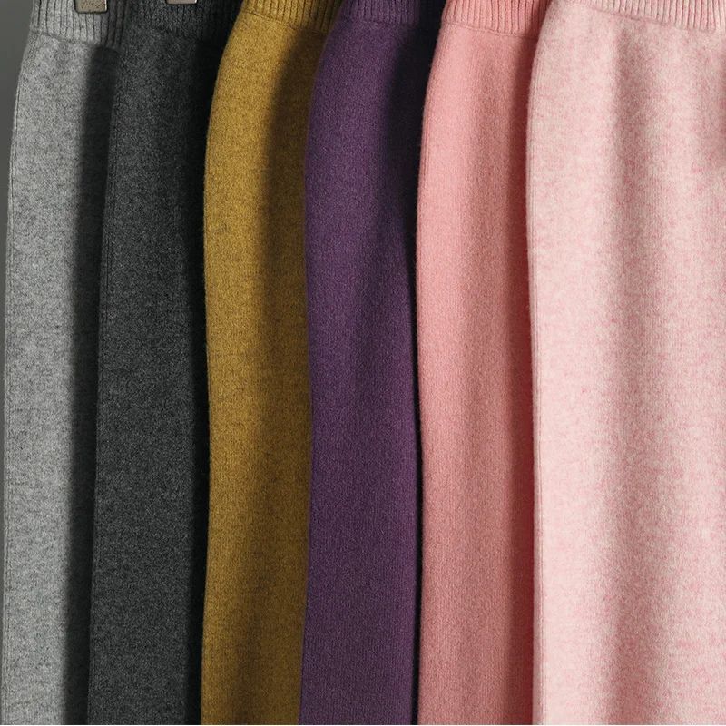 Spring Autumn Women High Waist Wool Wide Leg Pants Solid Soft Warm 100% Merino Wool Knitted Trousers Belt Casual Korean Fashion