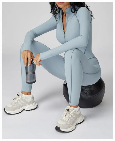 Women's Yoga Jumpsuit Long Sleeved Stand Collar Half Zip High-Intensity Workout One Piece Contrast Color Gym Fitness BodySuit