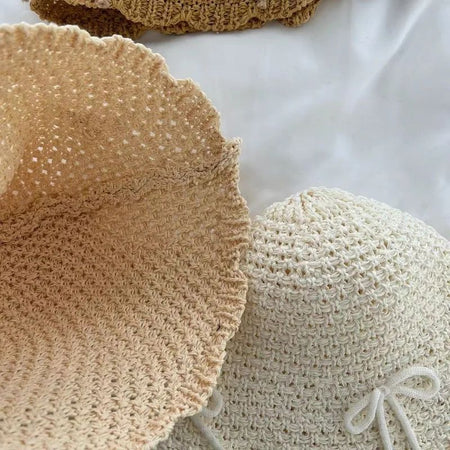Korean Ins Bow Spring and Summer Fashion Sweet Bucket Hat Outdoor Sunshade Knitted Solid Color Straw Breathable Women Sun Hats
