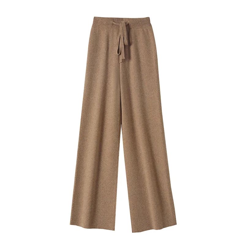 Spring Autumn Women High Waist Wool Wide Leg Pants Solid Soft Warm 100% Merino Wool Knitted Trousers Belt Casual Korean Fashion