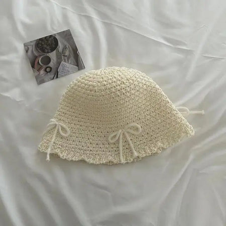 Korean Ins Bow Spring and Summer Fashion Sweet Bucket Hat Outdoor Sunshade Knitted Solid Color Straw Breathable Women Sun Hats