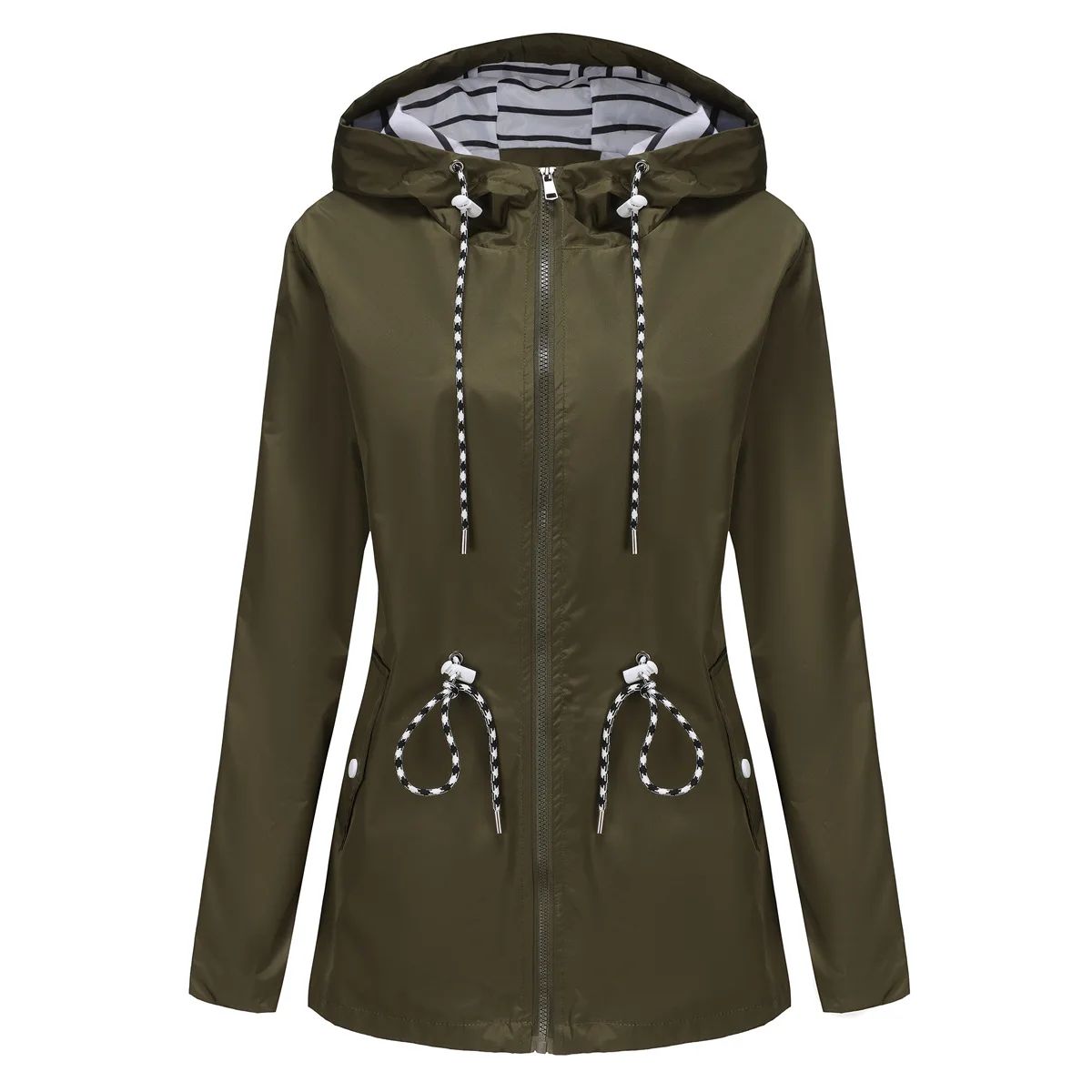 Blue Waterproof Hooded Jacket Women Fashion Casual Coat Waist Drawstring Tie Zipper Switch Red Green Yellow Black Windbreaker