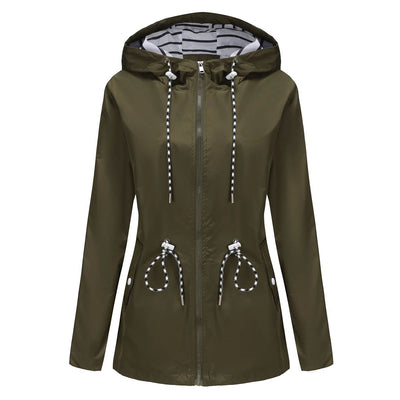 Blue Waterproof Hooded Jacket Women Fashion Casual Coat Waist Drawstring Tie Zipper Switch Red Green Yellow Black Windbreaker
