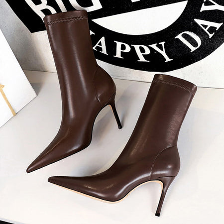 Women 7.5cm 10cm High Heels Leather Boots Lady Low Heels Short Ankle Boots Stripper Winter Warm Snow Plush Pointed Toe Shoes