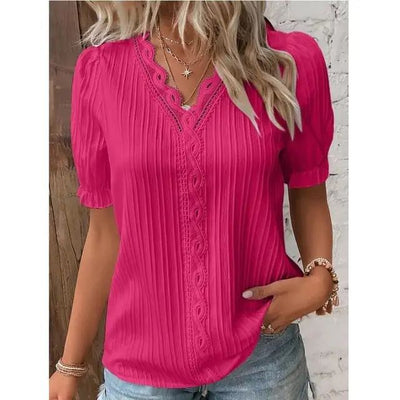 2025 Summer New Women's Blouse Top Solid Sexy V-Neck Hollow Short Sleeve Fashion Splice Plus Size Loose Street Apparel Shirt