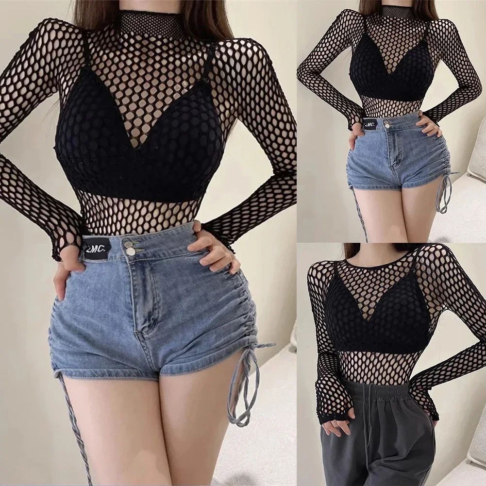 Womens Sexy Mesh Long Sleeve Fishnets Tops Fun Fashion Slim Fit Tops  Hollow Out See Through Loose Female T-shirts Crop soft Top