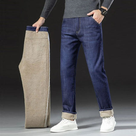 Men Winter Fleece Lined Thickened Warm Jeans Male Fashion Loose Straight Slim Fit Denim Pants Smart Casual Comfortable Trousers