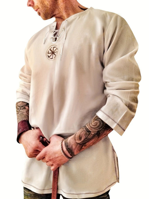 Knight Style Men's Ancient Viking Linen Shirt Medieval Cosplay Costume Men Long Sleeved Embroidery Retro T-shirt