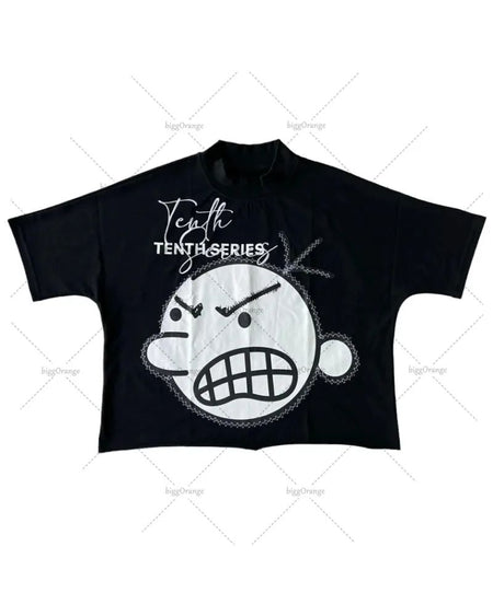 American Hip-hop Anime Print Oversized T-shirt Men Retro Trendy Streetwear Top Pure Cotton Round Neck Casual Loose Short Sleeves
