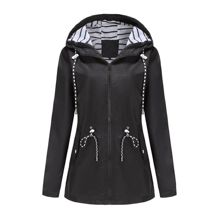 Blue Waterproof Hooded Jacket Women Fashion Casual Coat Waist Drawstring Tie Zipper Switch Red Green Yellow Black Windbreaker