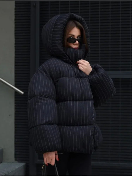 Women's Pinstripe Oversized Puffer Jacket Full Sleeve Detachable Hood Zipper Warm Coat 2025 Autumn Winter Female Casual Wear