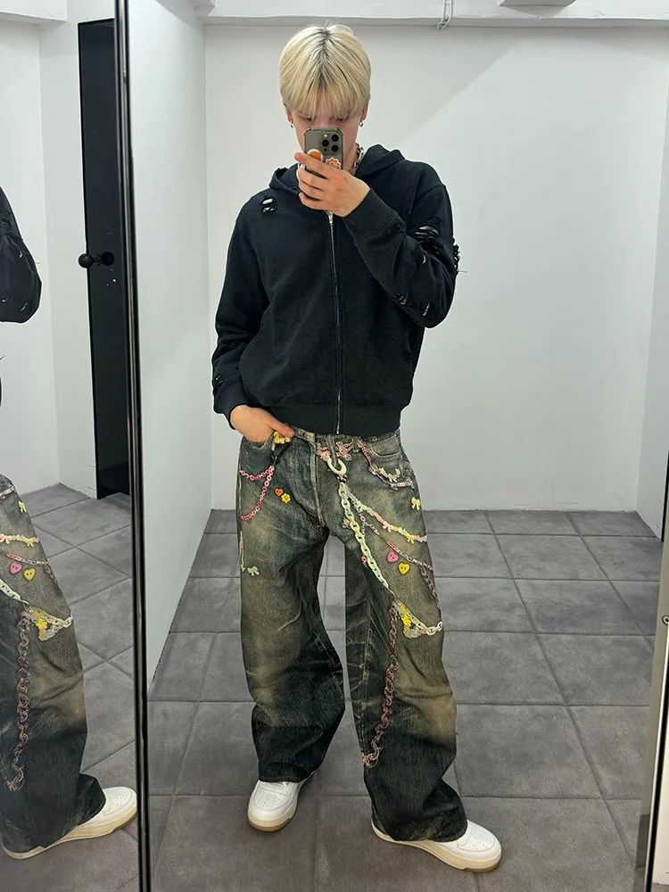 American High Street 3D Digital Print Candy Chain Weathered Knife Straight Leg Casual Jeans for Men And Women