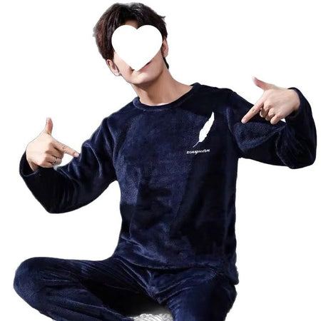 Thickened Flannel Sleepwear Set for Men Winter Home Clothes Coral Fleece Lined Autumn Winter Style Overhead Mens Nightgown