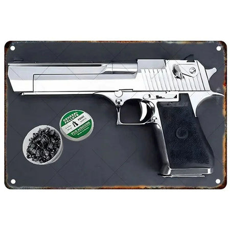 GUNHERO Pistol Metal Wall Signs - Bold Military Style - Perfect Decor for Man Caves, Homes, Bars & Garden Spaces
