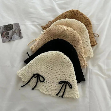 Korean Ins Bow Spring and Summer Fashion Sweet Bucket Hat Outdoor Sunshade Knitted Solid Color Straw Breathable Women Sun Hats