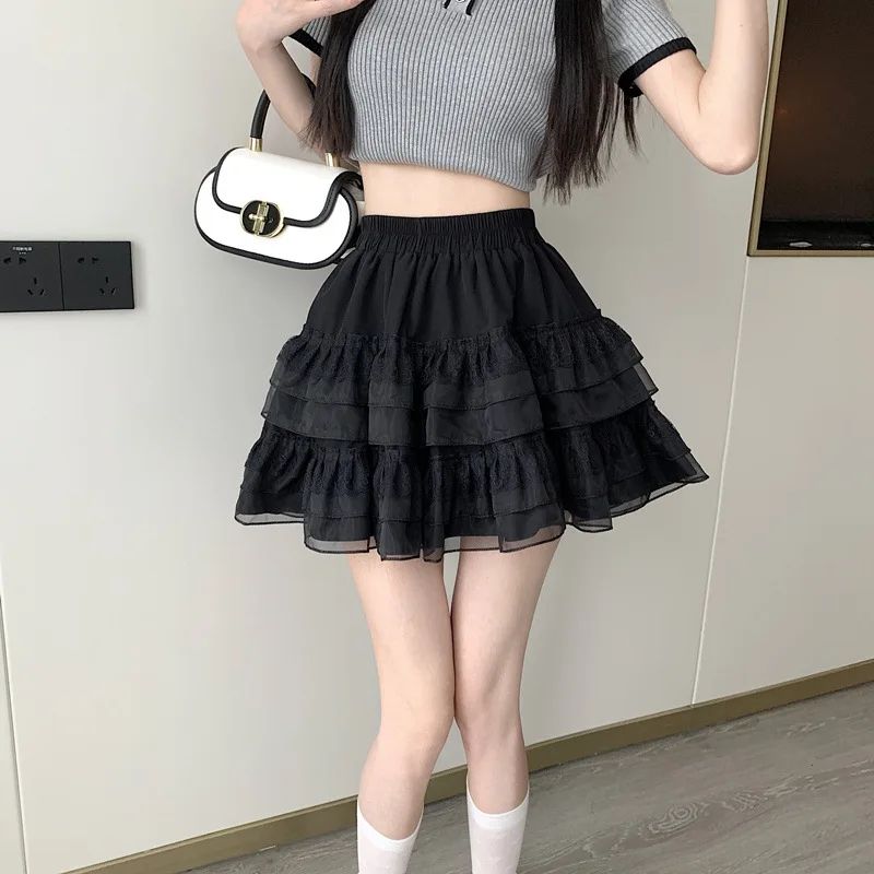 Plus Size New Style Pure Desire Aesthetic Mini Dress Net Yarn Fairy Puff Skirt High-Waisted Slimming Lace Cake A- Line Skirt ...