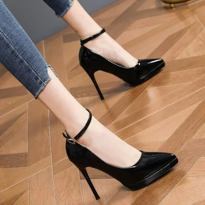 11cm Super High Stiletto Heels Pumps Women Shoes Pearl Chain Thong Ankle Strap Pointed Toe Big Size Leather Office Shoes