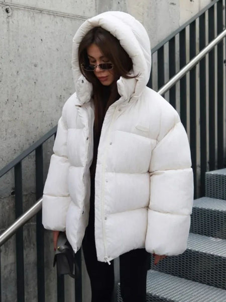 Women's Pinstripe Oversized Puffer Jacket Full Sleeve Detachable Hood Zipper Warm Coat 2025 Autumn Winter Female Casual Wear