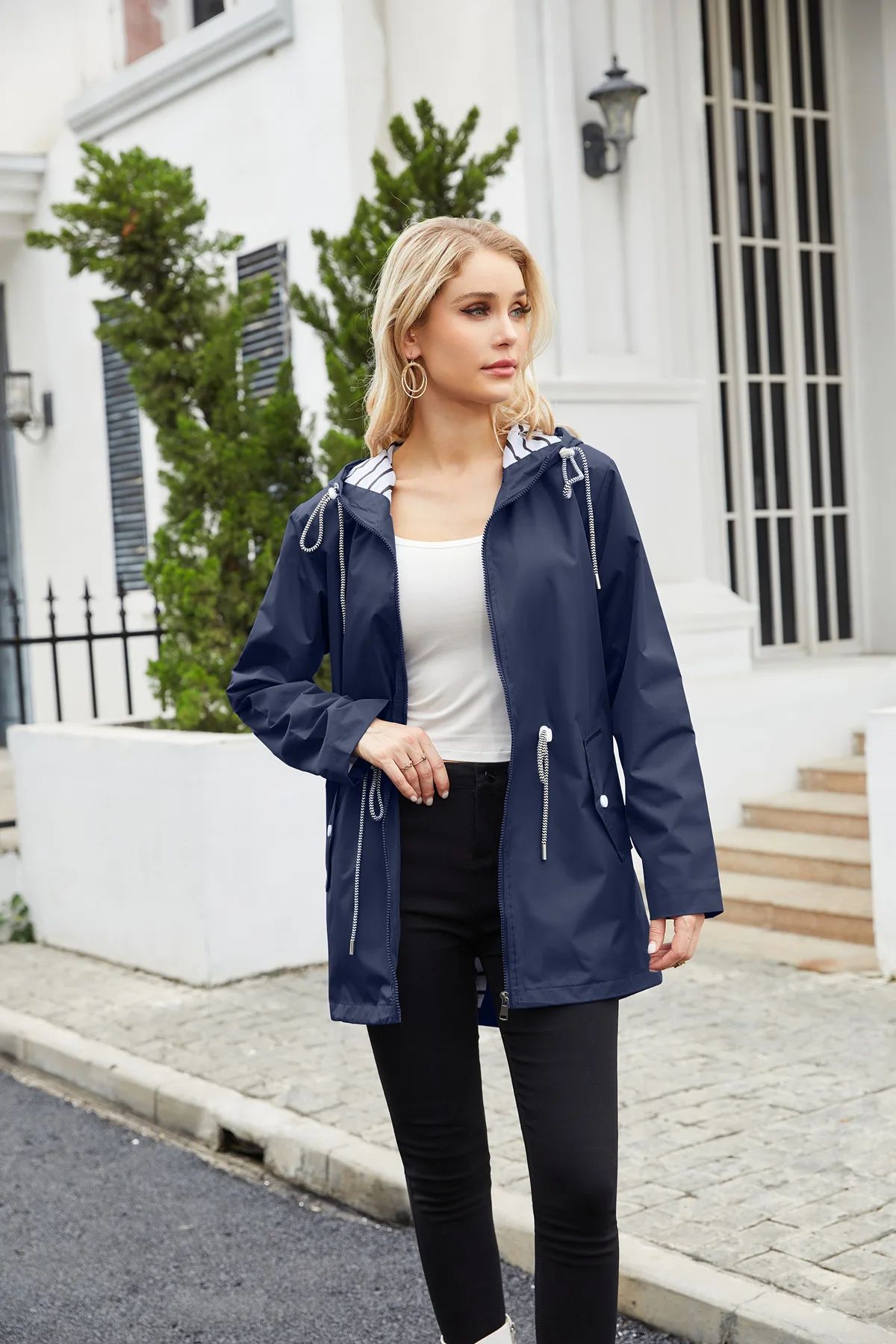 Blue Waterproof Hooded Jacket Women Fashion Casual Coat Waist Drawstring Tie Zipper Switch Red Green Yellow Black Windbreaker