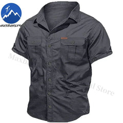 New Mens Work Shirt Casual Retro 100% Cotton Short Sleeve Flying Cargo Shirt Man Summer Fishing Hunting Multi Pocket Shirt 2025