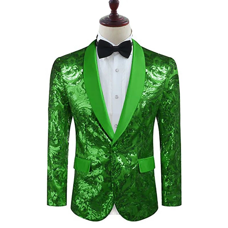2025 Men's Shiny Gold Sequins Blazer Stylsih Shawl Collar One Button Tuxedo Floral Suit Jacket Party Wedding Groom Costume Homme