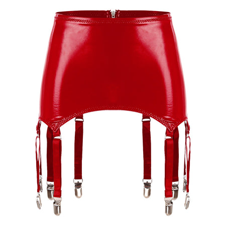 Womens Garters Latex Skirts Ladies Suspender Belt Wet Look Patent Leather Mini Skirts Garters with Metal Clips Clubwear Costume