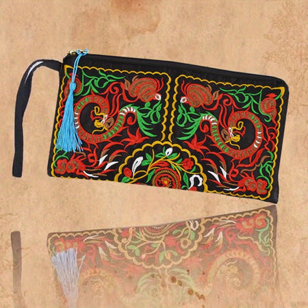 Ethnic Floral Embroidery Long Wallet Wristlet Clutch Bag Phone Vintage Embroidered Wristlet Clutch Evening Bag Wallets for Women