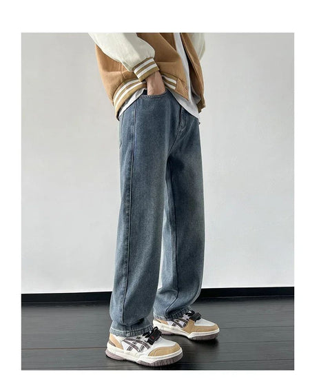 4 Colors Winter Fleece Men's Jeans Baggy Straight Elastic Waist Denim Pants Fashion Korean Thickened Warm Male Thermal Trousers