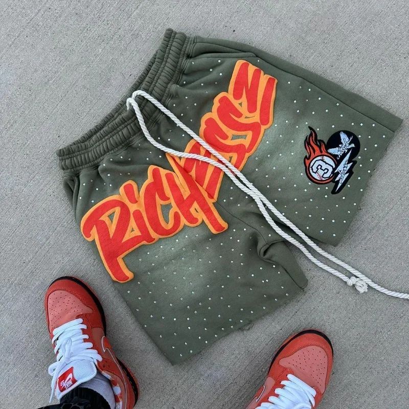 Y2K Harajuku Men's Shorts Rhinestone Letter-printed Sweatpants Fashion Quick-drying and Downhill Casual Motorcycle Shorts