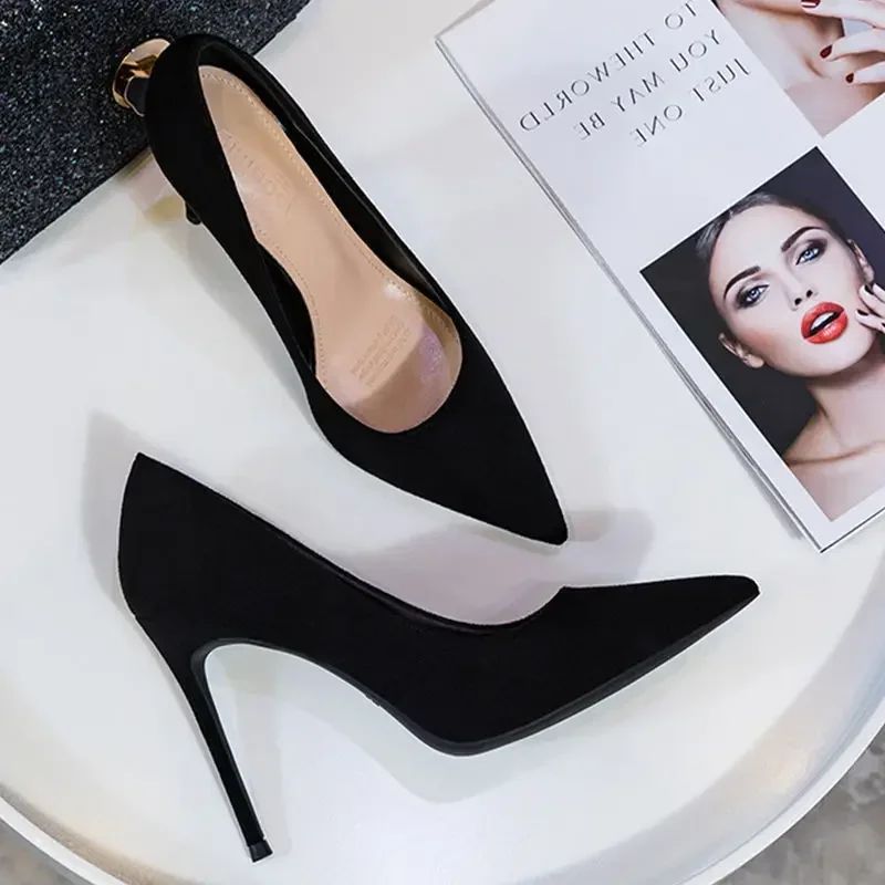 New Fashion women's shoes Sexy black high heels Sharp pointed suede pumps Elegant Shallow Mouth Shoes