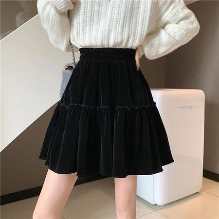 Black Velvet Patchwork Mini Skirt Women Sweet Solid A Line High Waist Skirt Fashion Pretty Style Pleated Summer Student Skirt
