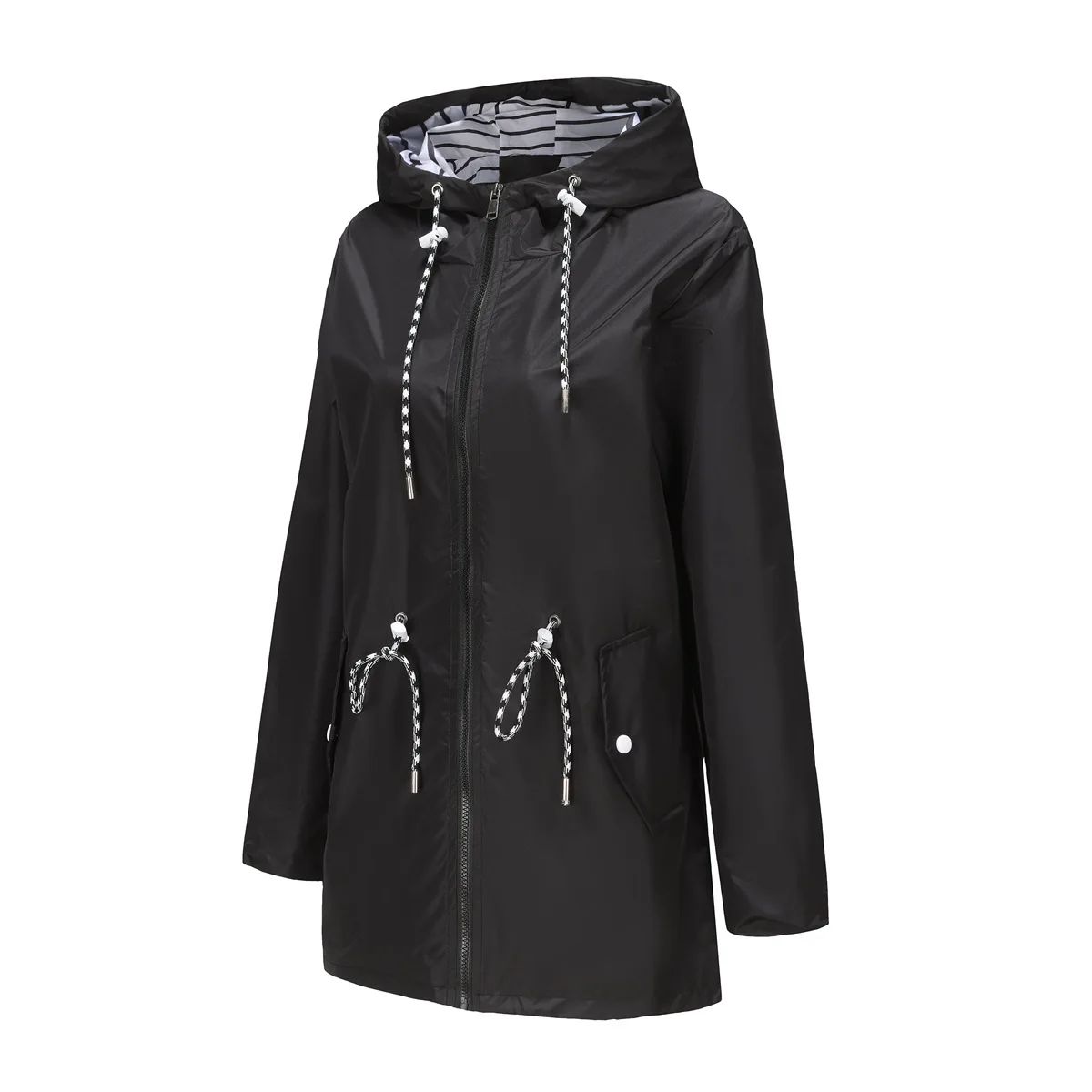 Blue Waterproof Hooded Jacket Women Fashion Casual Coat Waist Drawstring Tie Zipper Switch Red Green Yellow Black Windbreaker