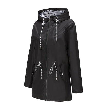 Blue Waterproof Hooded Jacket Women Fashion Casual Coat Waist Drawstring Tie Zipper Switch Red Green Yellow Black Windbreaker
