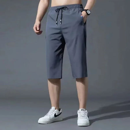 Sport Loose Over Silk Knee Length Pants 2025 Men New Summer Thin Shorts Male Casual Quick Dry Ice Silk Zipper Pocket Capri Pants