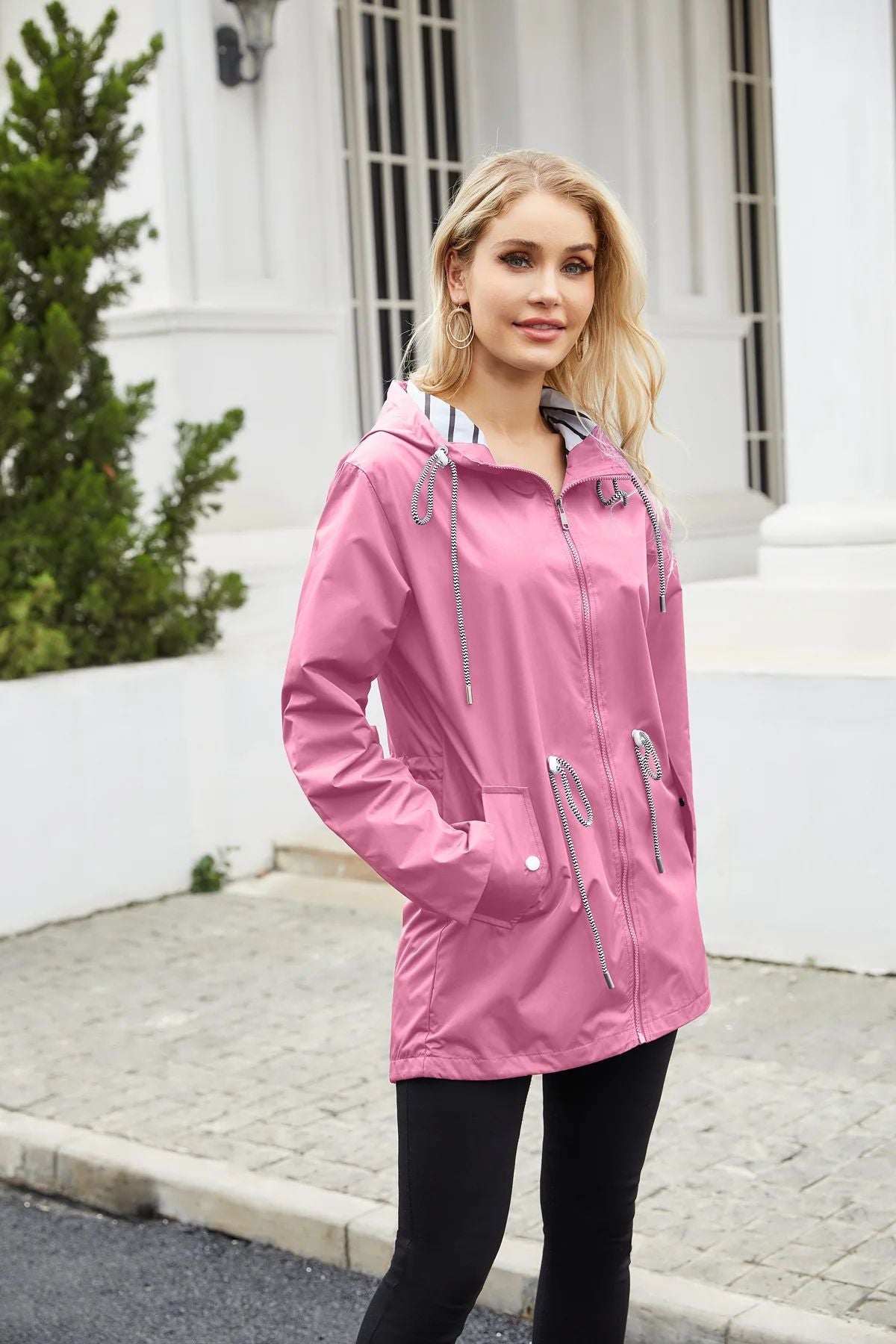 Blue Waterproof Hooded Jacket Women Fashion Casual Coat Waist Drawstring Tie Zipper Switch Red Green Yellow Black Windbreaker