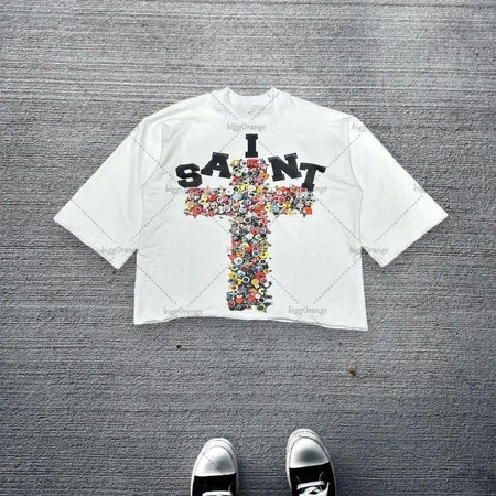 American Hip-hop Anime Print Oversized T-shirt Men Retro Trendy Streetwear Top Pure Cotton Round Neck Casual Loose Short Sleeves