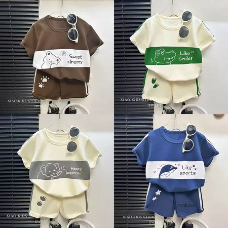 2Pcs Cartoon Bear Children Short Sleeve Shorts Sets Summer Kids Clothes Boy Girl Baby Thin Cotton Tee Tracksuits Fashion Outfits