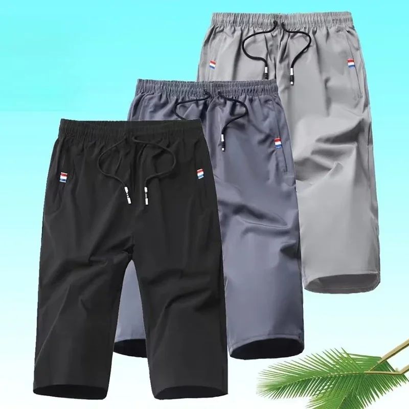 Sport Loose Over Silk Knee Length Pants 2025 Men New Summer Thin Shorts Male Casual Quick Dry Ice Silk Zipper Pocket Capri Pants