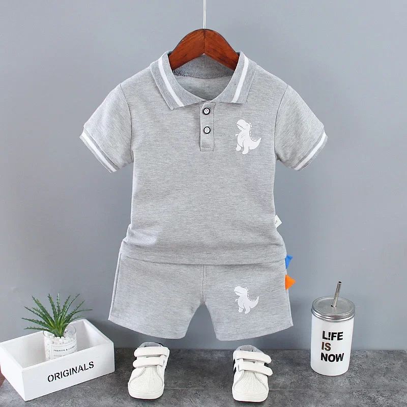 Summer Kids Outfits Baby Boys Clothes Set Dinosaur Printed Turn-down Collar T-Shirts Tops+ Shorts 2PCS/Suit Infant Clothing Sets