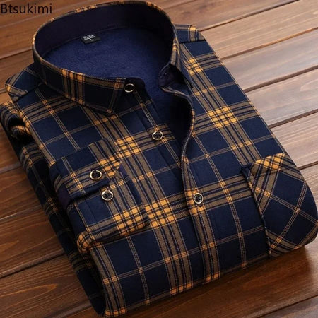 2025 Men's Winter Warm Long Sleeve Plaid Shirts Flannel Fur Lined Thick Formal Shirts Fleece Casual Shirt for Men Dress Shirts