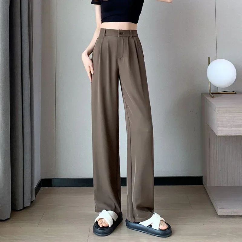 Women Full Length Pants Lady Baggy High Waist Wide Leg Solid Color Trousers Lady Straight Leg Mom Classic Office Pants Slacks