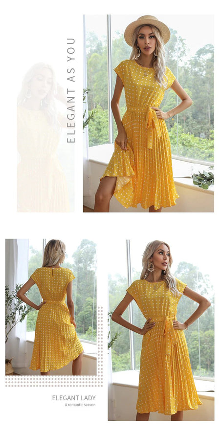Summer Dresses For Women High Waist Midi Elegant Pleated Polka Dots Office Lady Dinner Party Vacation Dress Female Clothing Robe