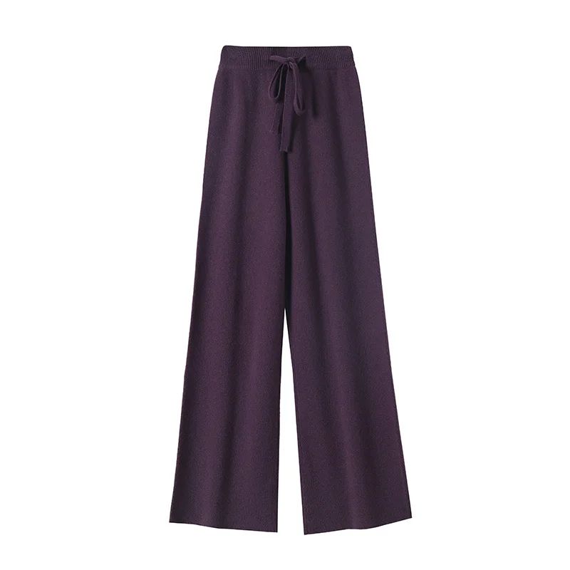 Spring Autumn Women High Waist Wool Wide Leg Pants Solid Soft Warm 100% Merino Wool Knitted Trousers Belt Casual Korean Fashion